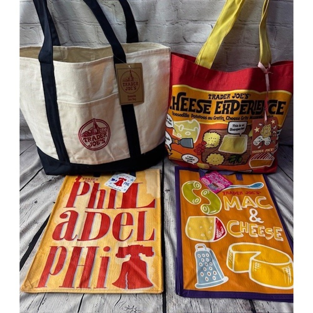 Lot of Trader Joe's Bag Bundle 4 TOTAL‎ Canvas Cheese Comfort Foods Philadelphia
